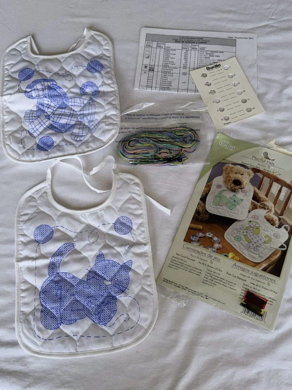 Bucilla Playful Pals Baby Bib Pair Stamped Cross Stitch Kit Set of 2 Cat & Puppy